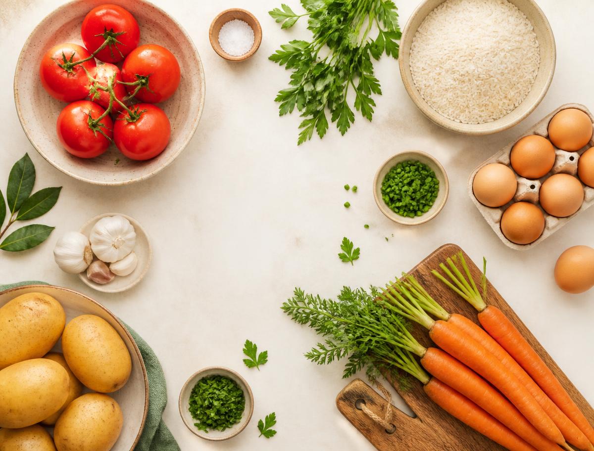 Ingredientes frescos como tomate, arroz, ovos, batata e cenoura sobre uma mesa clara